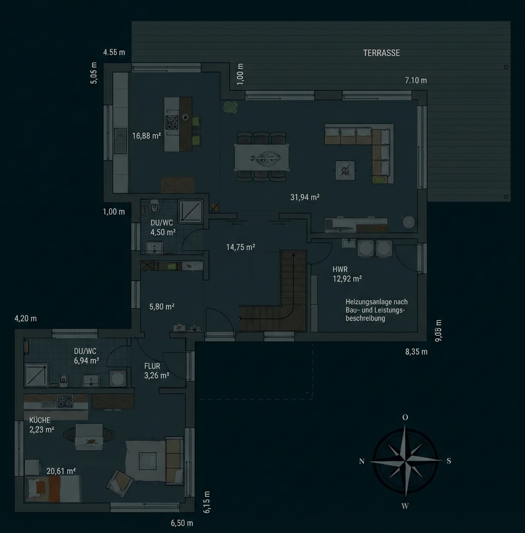 Grundriss Erdgeschoss mit Terrasse, offenem Wohn‑Essbereich, Küche, Schlafzimmer, Bäder und Treppe